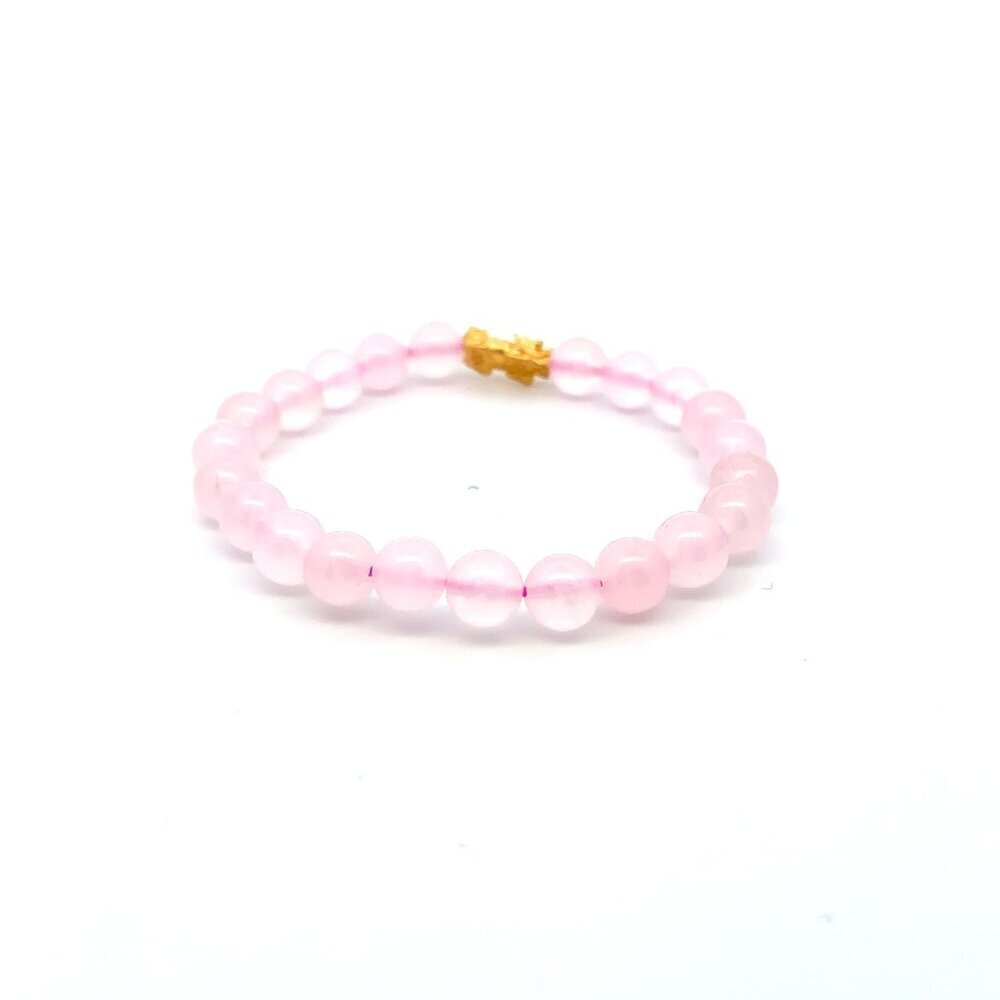 Natural Rose Quartz 8mm Stretchable Bracelet Size 6.75" 24K Gold Dragon Piyao - Picture 3 of 4